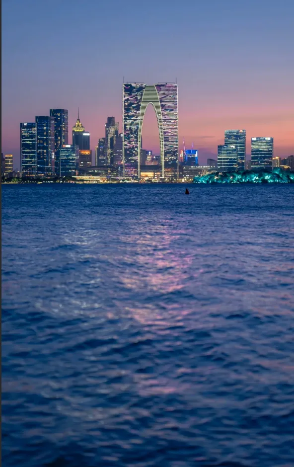 Jinji Lake skyline reflected after dark