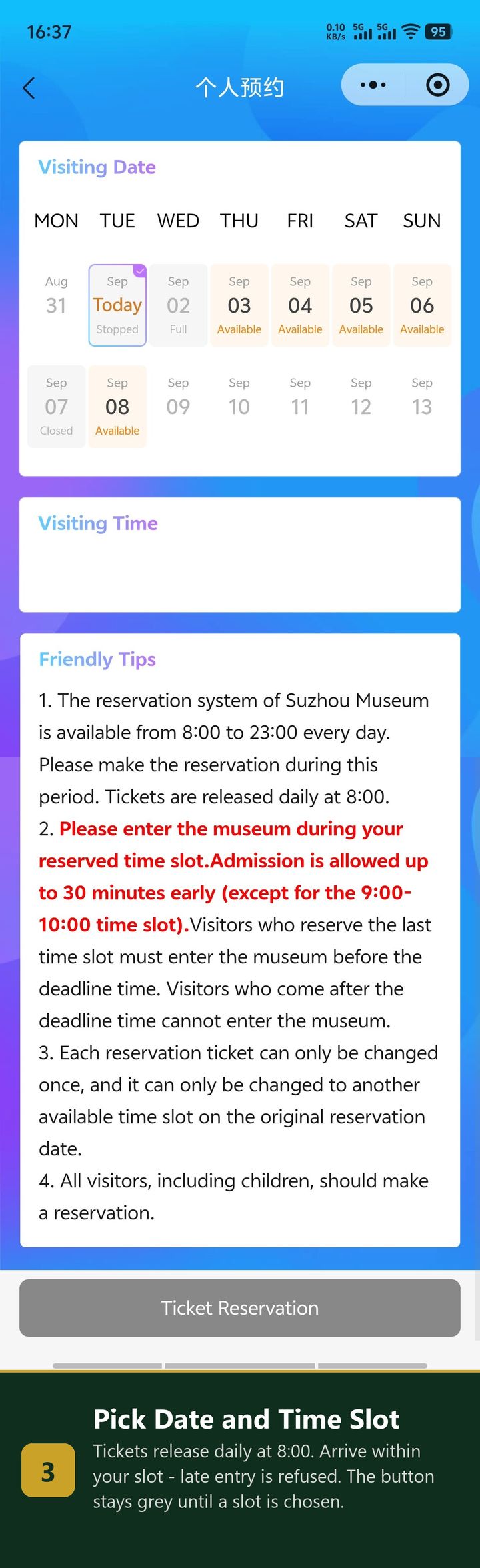 Booking calendar showing Stopped for today, Full for a sold-out day, Closed on Monday, with rules about 8:00 ticket release and late entry