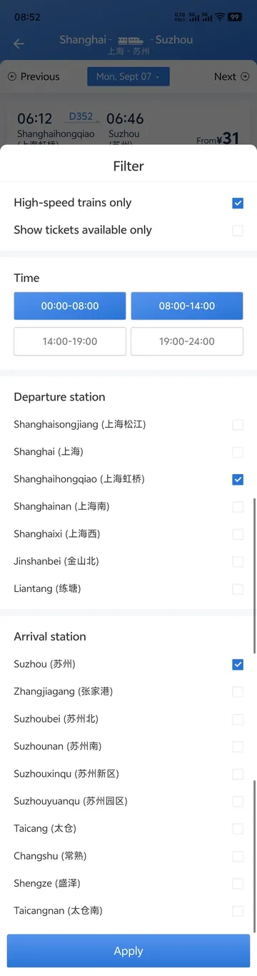 Official 12306 app in English, Shanghai to Suzhou on a weekday: the search list above (first train D352, 06:12, from ¥31) and the Filter panel below with departure Shanghai Hongqiao ticked, arrival Suzhou ticked and Suzhou North, Suzhou South, Suzhou Xinqu and Suzhou Yuanqu unticked, High-speed trains only ticked, departure windows 00:00–08:00 and 08:00–14:00 selected